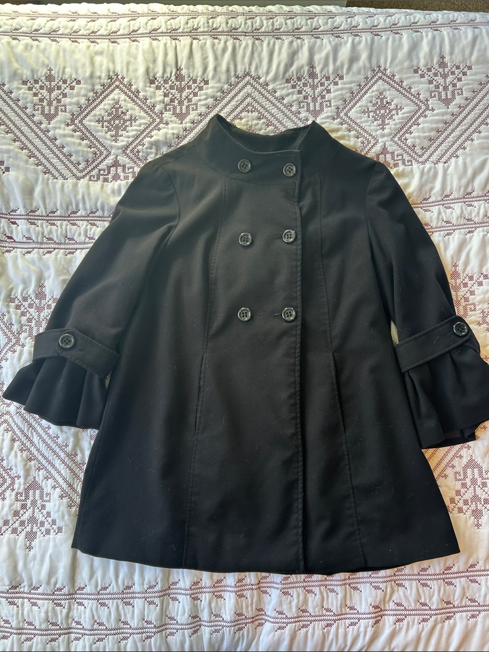 AB Studio Black Double-Breasted Pea Coat with Ruffle Sleeve Detail